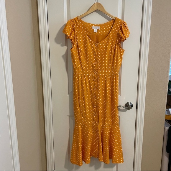 Rachel Parcell Linen Blend Polka Dot Button Front Midi Dress Orange Citrus M - Picture 4 of 16